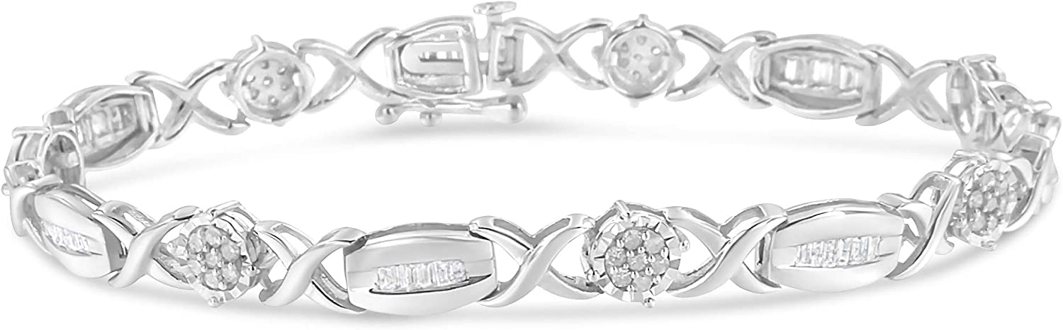 1.0 ct Round Cut Baguette Cut X-Ring Bracelet in .925 Sterling Silver (I-J Colors, I1-I2 Clarity) - 17.78 cm